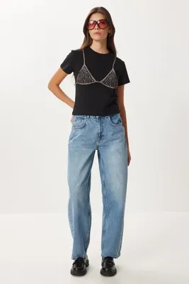 Lovelyİstanbul Yüksek Bel Balon Baggy Jean LRI0018 ORTA MAVİ