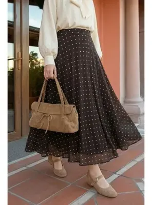 InStyle Kloş Puantiyeli Kahverengi Şifon Etek