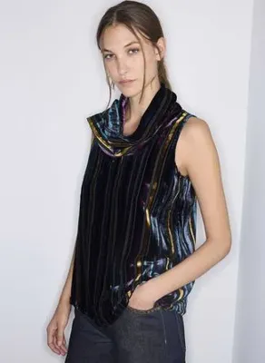 İpekyol IW6260006146 Lacivert Kadın Desenli Yaka Çizgili Regular Fit Kadife Bluz