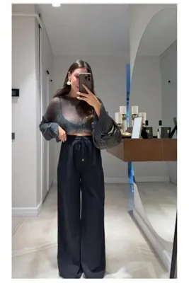neslihansarıca pantolon tensel kumaş pantolon lastikli pantolon siyah pantolon
