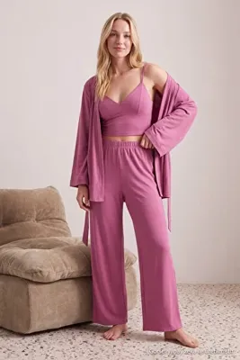 TRENDYOLMİLLA Gül Kurusu 3'lü Örme Atlet-Pantolon-Sabahlık Pijama Takımı THMAW27PT00003