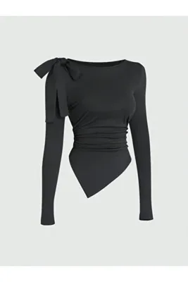 blck & premium Fiyonk Detaylı Siyah Usa Trend Asimetrik Viscone Bluz