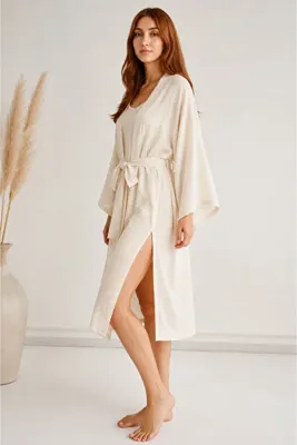 ARİNNASİDE Kadın %100 Pamuk Pijama Takımı Yırtmaçlı Sabahlık Kimono
