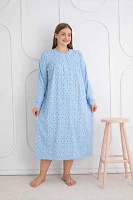 SEBOTEKS %100 Pamuklu Mevsimlik Kumaş Uzun Kol Büyük Beden Anne Geceliği 813