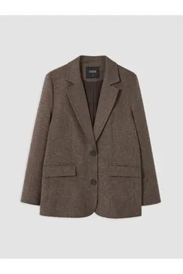 LC Waikiki ALITA CITY Farkıyla XSIDE Kahverengi Poliviskon Ekose Rahat & Relax Kadın Blazer Ceket