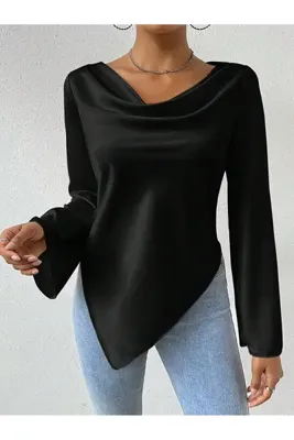 poswicon Siyah polyester kumaş drapeli yaka İspanyol kol drapeli yaka üst bluz