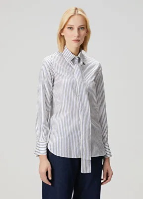 Kiton Lacivert Beyaz Çizgili İpek Gömlek
