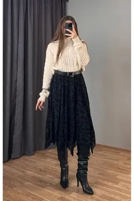 MAESTRO WOMAN Kadın Siyah Baskılı Asimetrik Kesim Midi Boy Tül Etek