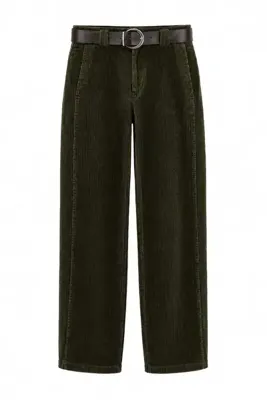 TRENDYOLMİLLA Haki Kemerli Fitilli Kadife Kısa Boy Pantolon TWOAW27PL00087