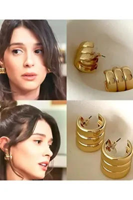 İlraysa Kadın Premium 3 Sıra Gold Bombeli Küpe