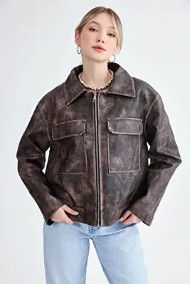 Vitrin Kapak Cepli Suni Deri Biker Ceket