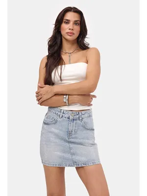 It's Basic Kadın Ice T-4s6-3 Straight Mini Parlak Taşlı Tasarım Denim Etek