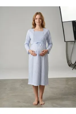 Alize Moda Uzun Kollu,Kalp Desenli,Düğme Yakalı %100 Pamuklu Lohusa-Hamile Kadın Gecelik