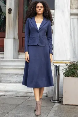 Jument Hafif Likralı Süet Kumaş Flato Cepli Uzun Kol Kısa Blazer Ceket-Lacivert