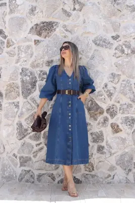 bytugcekaya Mavi Balon Kol V Yaka Denim Elbise