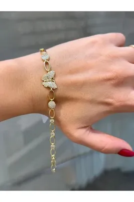 Genel Markalar Luxury Özel Seri 14 Ayar Altın Kaplama Zirkon Taşlı Kelebek Künye Bileklik