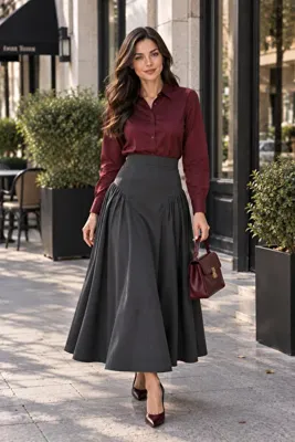FARBE ER FASHION KHAKİ Antrasit Midi boy Etek