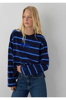 Mavi Logo Çizgili Uzun Kollu Tişört Loose Fit / Bol Rahat Kesim 1620489-85448