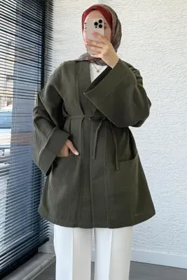 MELEK ARAZ Cep Detaylı Kuşaklı Müslin Kimono - Haki