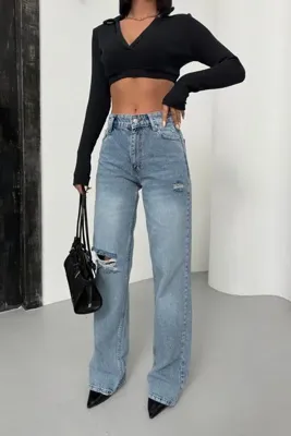 XRAY JEANS Kadın Yırtık Bol Paça B.Mavi Palazzo Kot Pantolon