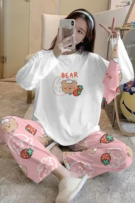 PEMBİŞ HOMEWEAR Kiki Bahd Trend Sweatshirt Pantolon Strawberry Bear Baskılı Pijama Takımı
