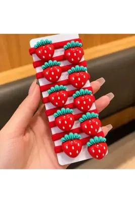 So Much Accesories 10’lu Kırmızı Çilek Figürlü Kız Çocuk Saç Lastiği Seti – Esnek Mini Saç Tokası, Sevimli Çilek Modeli