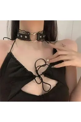 oldskoolbutik Gothic Dantel Detaylı Kalp Tokalı Siyah Deri Tasma Choker Kolye