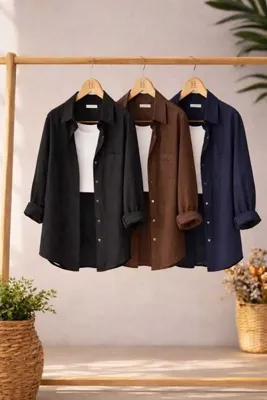 blackbonds 3'lü Siyah, Kahverengi, Lacivert Oversize Keten Dokulu %100 Pamuk Tek Cepli Rahat Gömlek