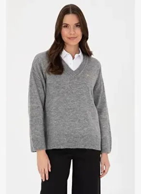 U.S. Polo Assn. Kadın Gri Melanj V Yaka Triko Hırka 50314833