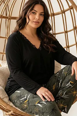 Siyah İnci Siyah Desenli Büyük Beden Battal Boy Viskon Örme Pijama Takım 26224806