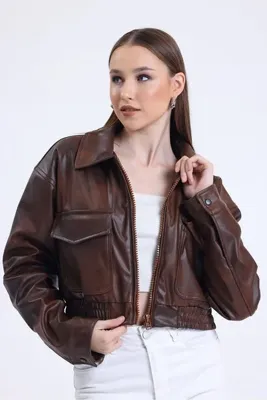 Black Level Kadın Deri Oversize Astarlı Kol Çıt Çıt Düğmeli Deri Mont Fermuar Kapamalı Kolej Mont Kahve