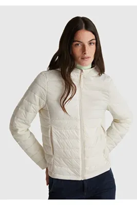 United Colors Of Benetton Kadın Krem Polyester Dolgulu Feramuarlı Kapüşonlu Slim Fit Puffer Mont