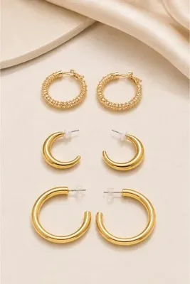 MRK 3 Çift Set Küpe Tırtık Oval Halka Küpe