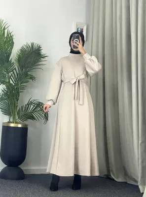 Esre Store 4559 - Scuba Kumaş Tesettür Elbise Bej