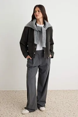 TRENDYOLMİLLA Haki Kaşe Cep Detaylı Dokuma Oversize Ceket TWOAW26CE00078