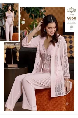 Flosh Lingerie Kadın Dantelli Penye Çeyizlik Sabahlıklı Pijama Takımı