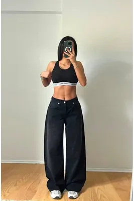 Messy Girls Kadın Siyah Düşük Bel Wide Leg Jean Baggy Bol Kesim Geniş Paça 5 Cepli Rahat Kalıp Denim Pantolon