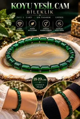 NBS Beautiful Naturel Stones Koyu Yeşil Cam Boncuk Bileklik 18-19 cm Unisex Kadın Erkek İnce Zarif Şık Tasarım