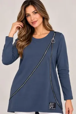MAMAYAGA Kadın Bisiklet Yaka Uzun Kol Spor Şık Fermuar Detaylı Tasarım Sweatshirt Bluz