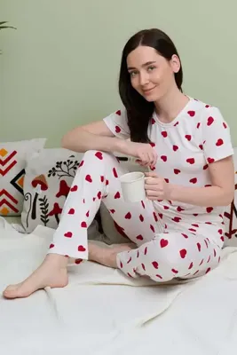 Fulla Moda Büyük Kalpli Desenli Bisiklet Yaka Kısa Kollu Pijama Takımı