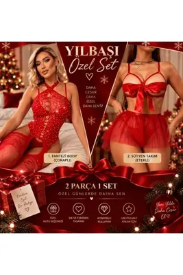 Genel Markalar Kadın Yılbaşı Fantazi İç Giyim Seti 2 Parça Sütyen Etekli Takım / Body Çoraplı Set