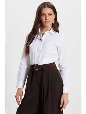 Tudors Kadın Slim Fit Dar Kesim %100 Pamuk Spor Yaka Gizli Pat Uzun Kollu Düz Oxford Beyaz Gömlek
