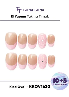 Takma Takma 15'li Pembe Kısa Oval Kov1517 Tekrar Kullanılabilir El Yapımı Protez Takma Tırnak Xs
