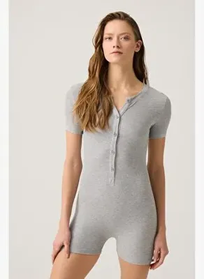Los Ojos Gri Melanj Fitilli Kısa Kollu Kısa Tulum Short Romper
