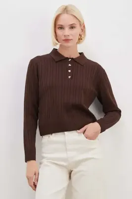 Fulla Moda Kalpli Yarım Düğmeli Polo Yaka Triko Kazak