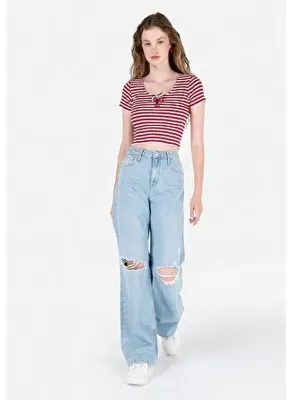 Colins 970 Berry Normal Kesim Yüksek Bel Geniş Paça Mavi Kadın Jean Pantolon