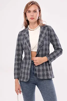 armonika Kadın Lacivert Tek Düğmeli Ekose Ceket ARM-19K001131