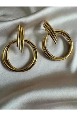 Pelin Aksesuar Gold Çubuk ve Daire Büyük Çelik Küpe