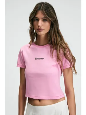 ETHIQUET ZERAYA Kadın Bisiklet Yaka Kısa Kollu Önde Nakış Detaylı Crop PEMBE T-Shirt
