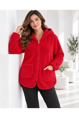 FioriModa Kapşonlu Fermuarlı Peluş Polar Ceket